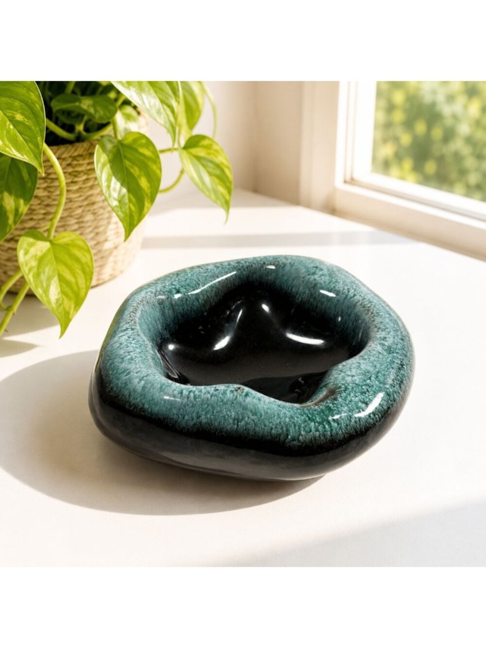 Handmade Vintage Evangeline Canada Ashtray Trinket Dish Teal & Black Glaze Abstr